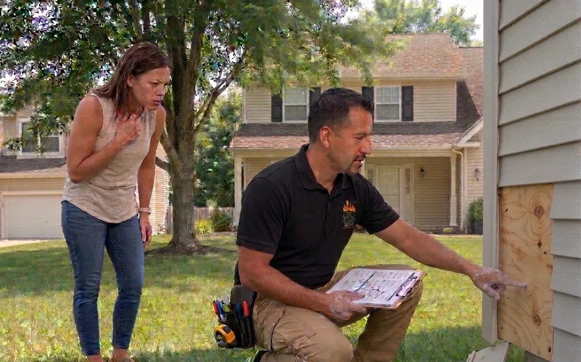 Inspector explaining an exterior condition to a homeowner beside the house
